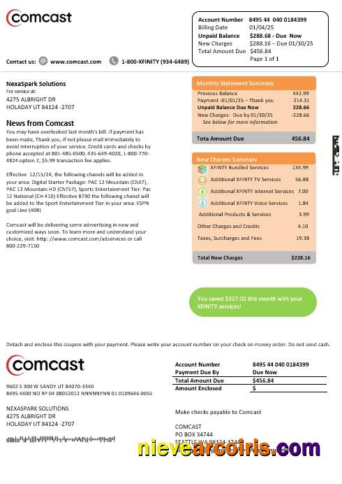 USA Utah Comcast business utility bill, version 2